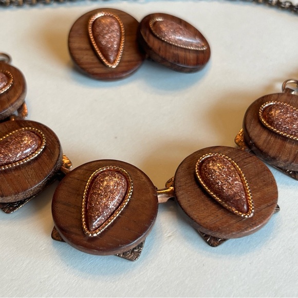 Elegant Vintage Copper, Wood, & Goldstone Necklace & Earring Set - Picture 3 of 8